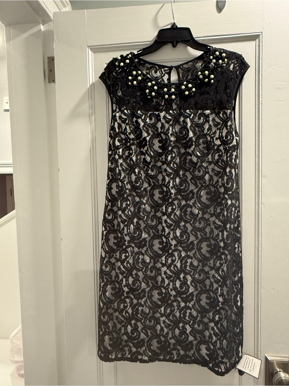 Adrianna Papell Black Lace Midi Dress with Beaded Embellishment
